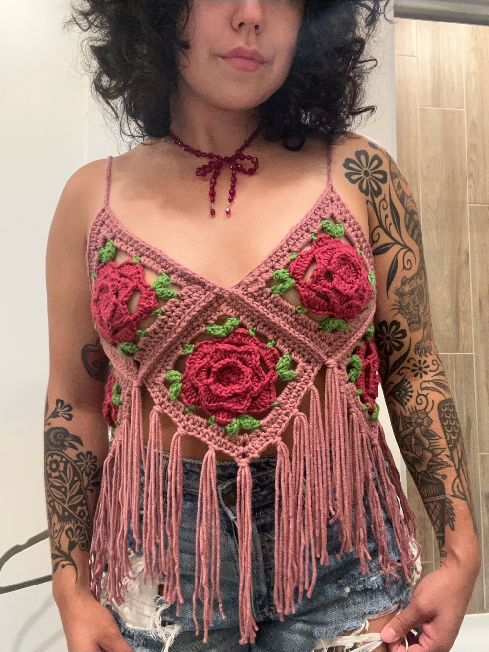 Handmade Dusty Rose Crochet Rose Fringe Crop Top